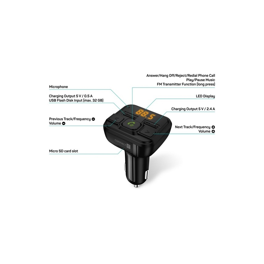 CONNECT IT CCC-8600-BK - FM predajnik za automobil sa handsfree funkcijom, crne boje