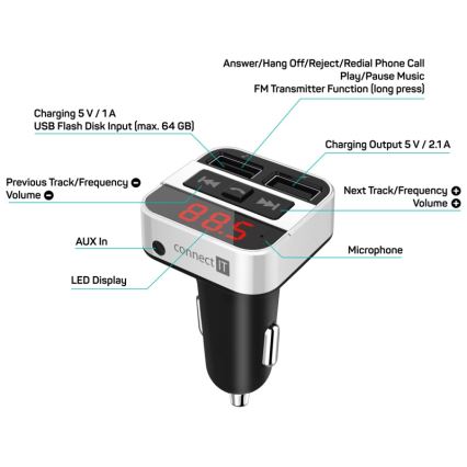 CONNECT IT CCC-8800-SL - FM predajnik za auto sa handsfree funkcijom crna/srebrna