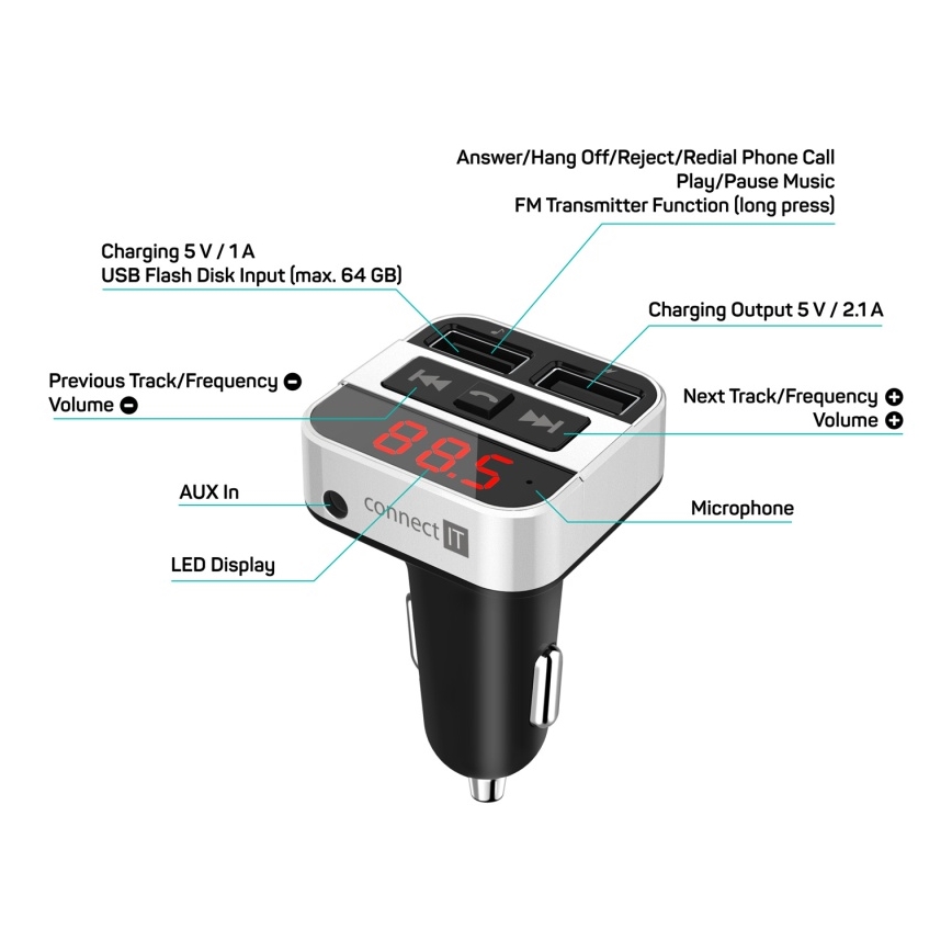CONNECT IT CCC-8800-SL - FM predajnik za auto sa handsfree funkcijom crna/srebrna