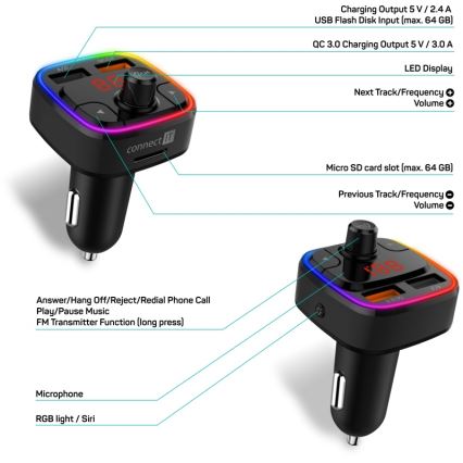 CONNECT IT CCC-9090-BK - LED RGB FM predajnik za automobil sa handsfree funkcijom, crna