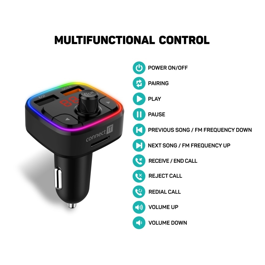 CONNECT IT CCC-9090-BK - LED RGB FM predajnik za automobil sa handsfree funkcijom, crna