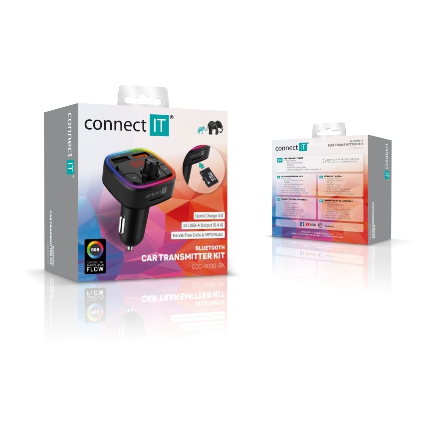 CONNECT IT CCC-9090-BK - LED RGB FM predajnik za automobil sa handsfree funkcijom, crna