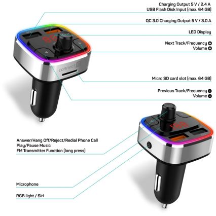 CONNECT IT CCC-9090-SL - LED RGB FM predajnik za automobil sa handsfree funkcijom crna/srebrna