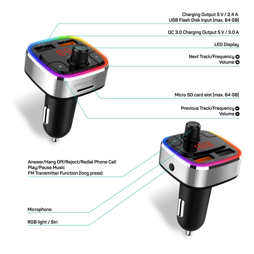 CONNECT IT CCC-9090-SL - LED RGB FM predajnik za automobil sa handsfree funkcijom crna/srebrna