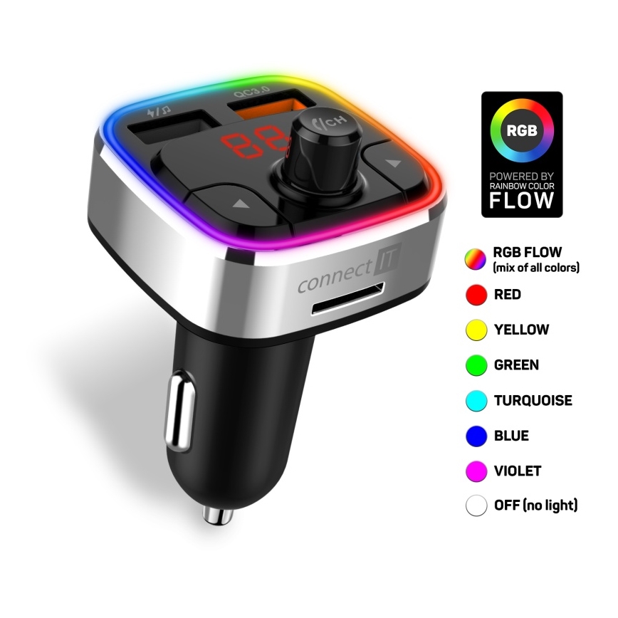 CONNECT IT CCC-9090-SL - LED RGB FM predajnik za automobil sa handsfree funkcijom crna/srebrna