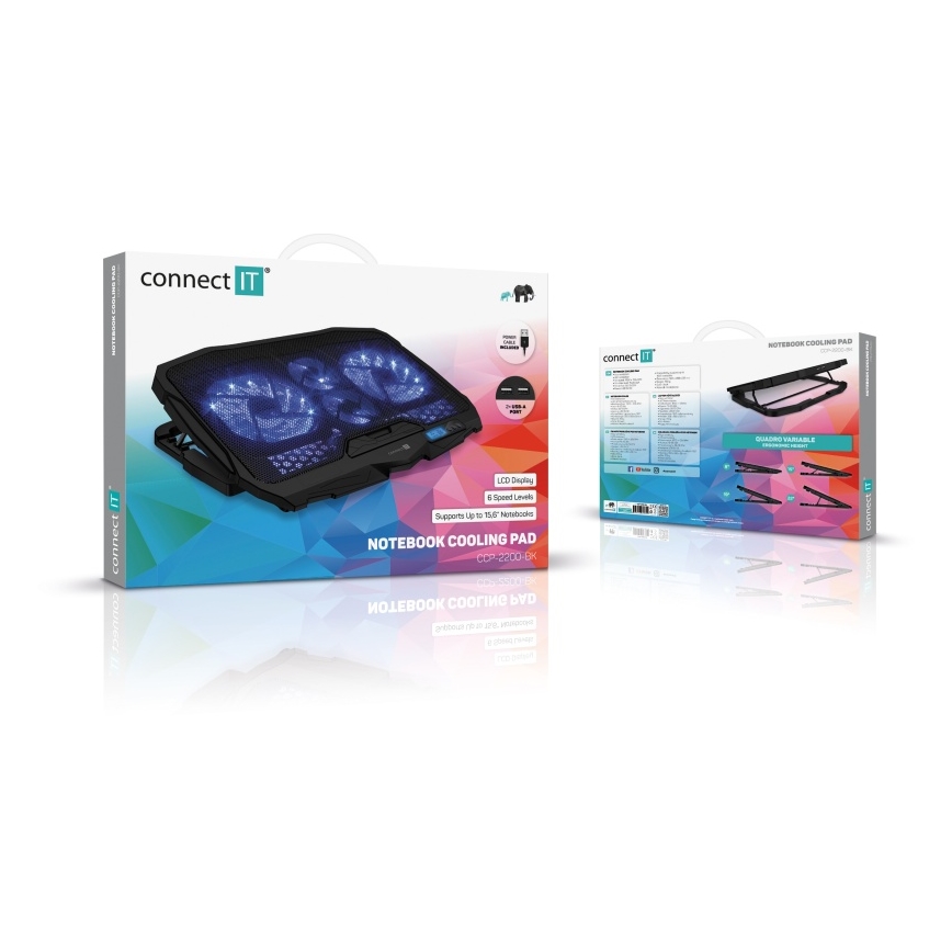 CONNECT IT CCP-2200-BK - Podloga za hlađenje laptopa, 4 ventilatora, 2x USB, crna/plava