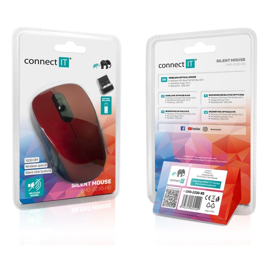 CONNECT IT CMO-2230-RD - Bežični tihi miš MUTE 1200 DPI 1xAA crna/crvena