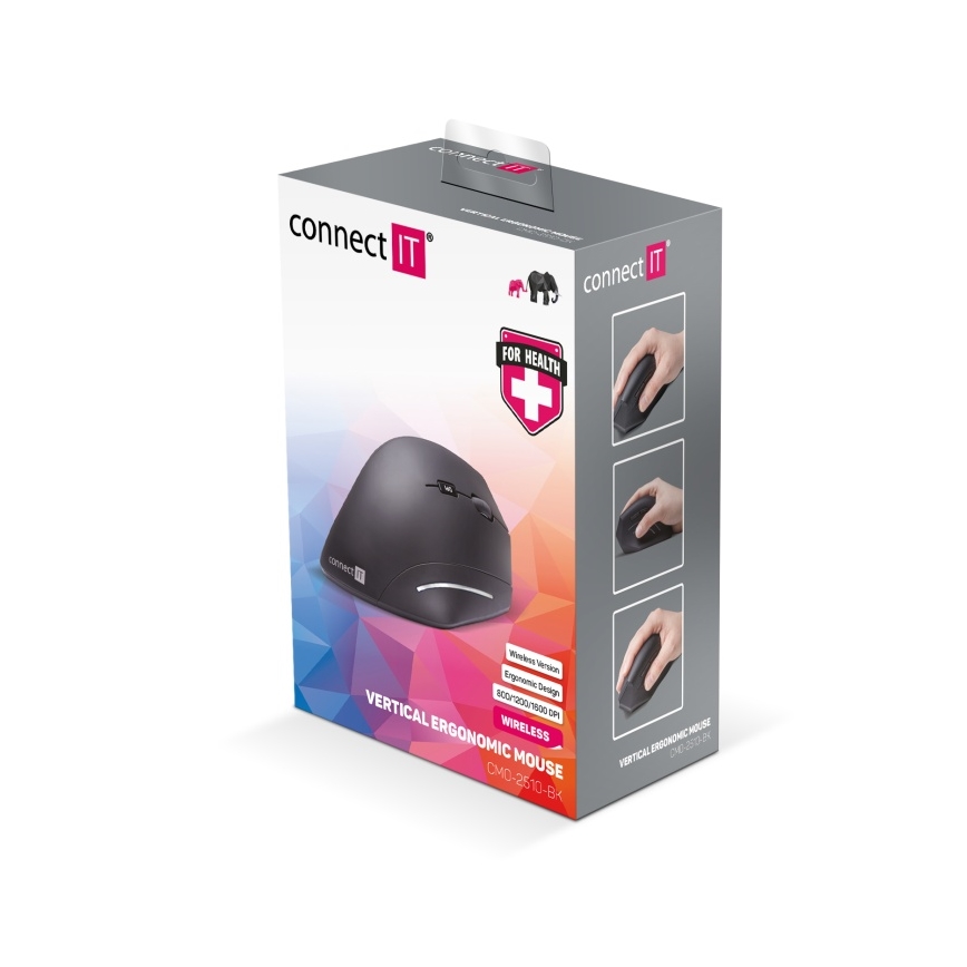 CONNECT IT CMO-2510-BK - Ergonomski bežični miš Verti Wireless 800/1200/1600 DPI 2xAAA crna