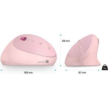 CONNECT IT CMO-2600-PK - Ergonomski bežični miš 800/1200/1600 DPI 1xAA ružičasti