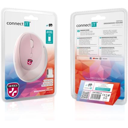 CONNECT IT CMO-2600-PK - Ergonomski bežični miš 800/1200/1600 DPI 1xAA ružičasti