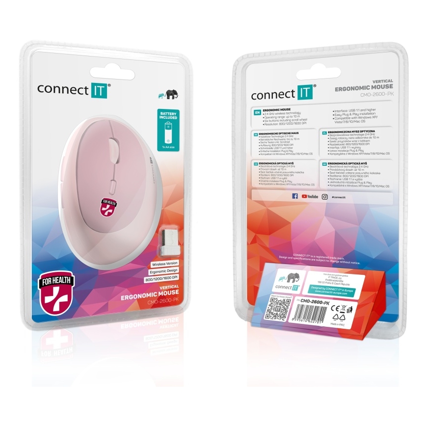 CONNECT IT CMO-2600-PK - Ergonomski bežični miš 800/1200/1600 DPI 1xAA ružičasti