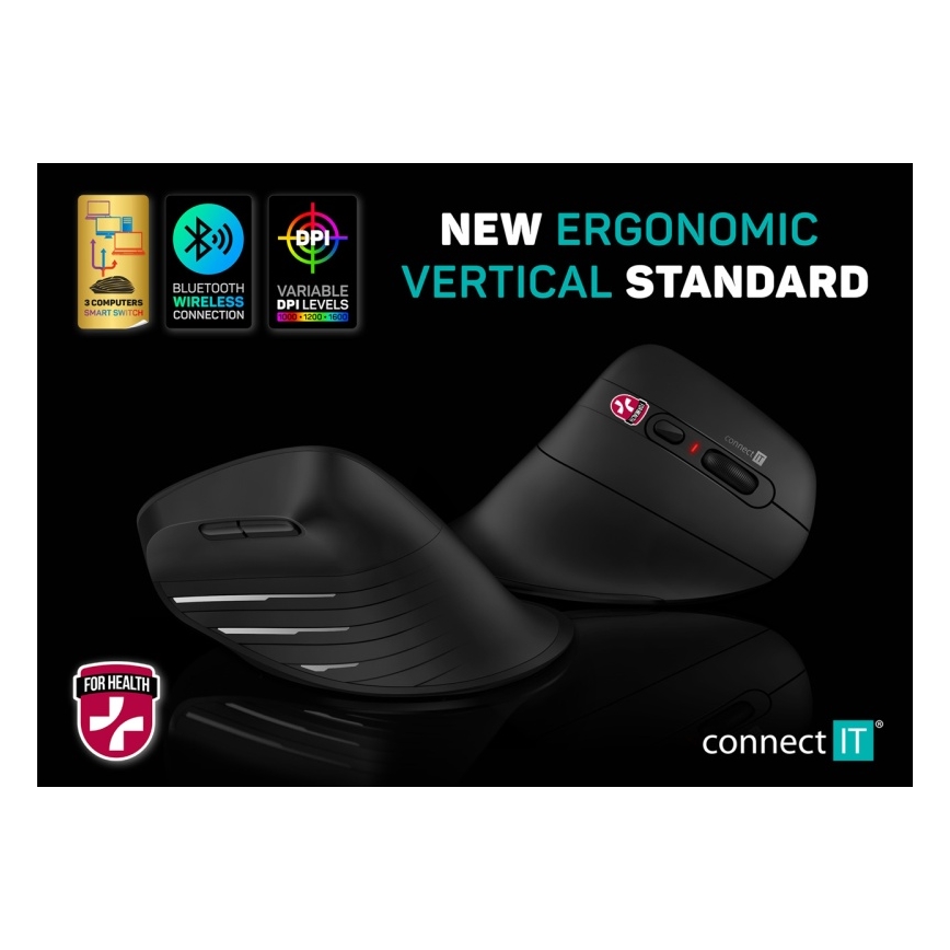 CONNECT IT CMO-2880-BK - Ergonomski bežični miš Verti TriMode 1000/1600/2400 DPI 2xAAA crna