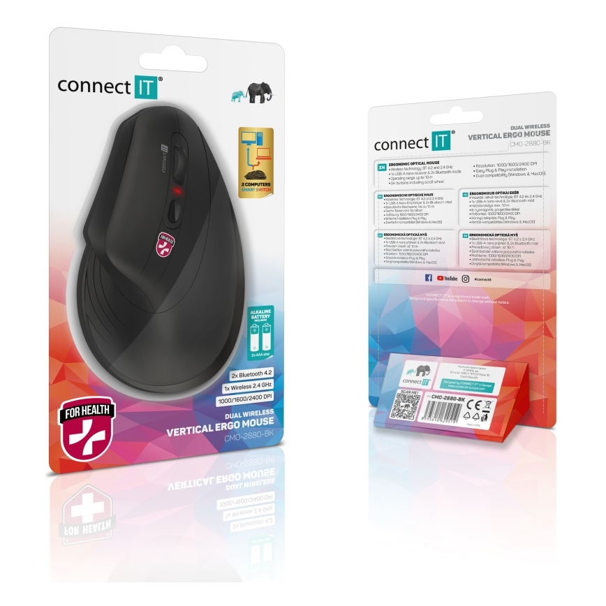 CONNECT IT CMO-2880-BK - Ergonomski bežični miš Verti TriMode 1000/1600/2400 DPI 2xAAA crna