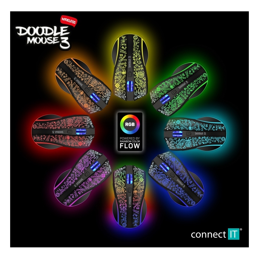 CONNECT IT CMO-3530-DD - LED RGB bežično punjiv gejmerski miš 800/1200/1600/2400/4800 DPI 600 mAh crna
