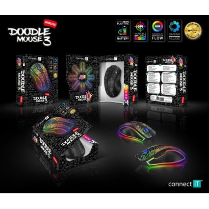 CONNECT IT CMO-3530-DD - LED RGB bežično punjiv gejmerski miš 800/1200/1600/2400/4800 DPI 600 mAh crna