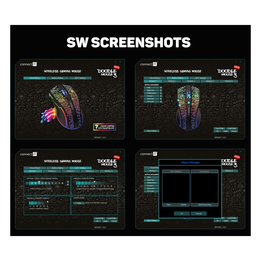 CONNECT IT CMO-3530-DD - LED RGB bežično punjiv gejmerski miš 800/1200/1600/2400/4800 DPI 600 mAh crna