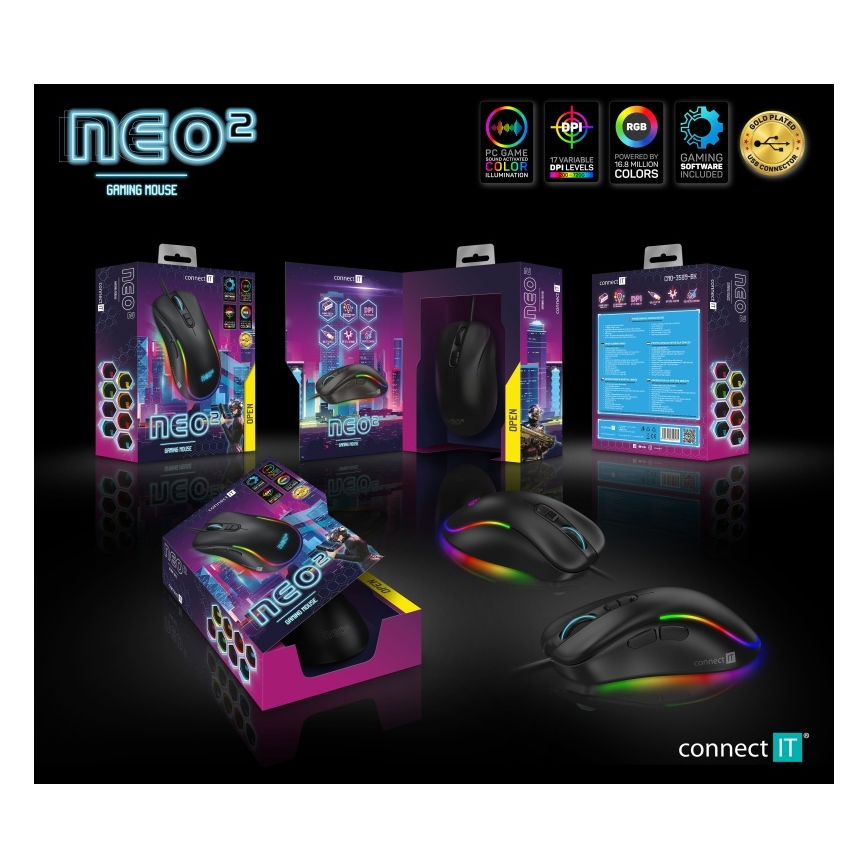 CONNECT IT CMO-3589-BK - LED RGB žični gejmerski miš 200-7200 DPI crna