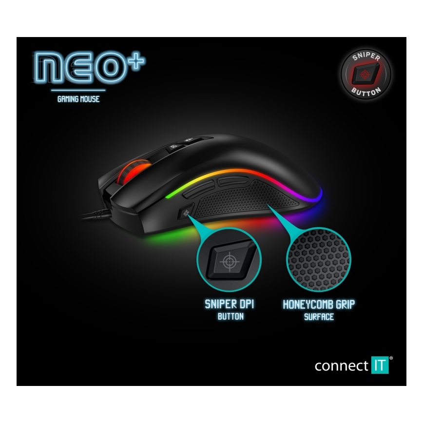 CONNECT IT CMO-3591-BK - LED RGB žični gejmerski miš 500-7200 DPI crna