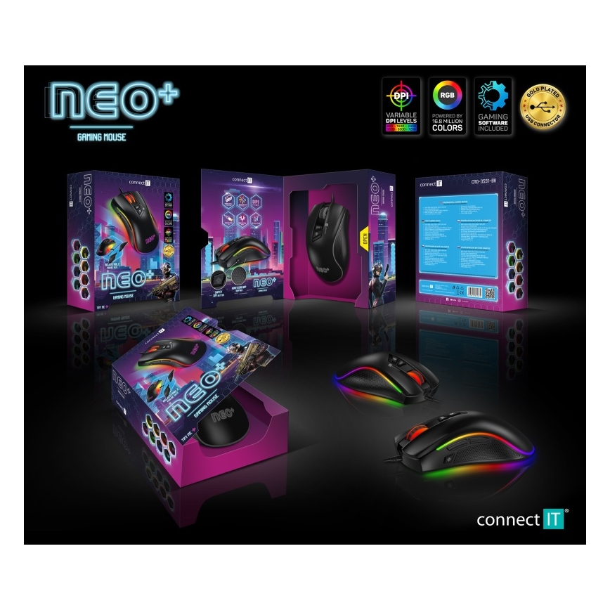 CONNECT IT CMO-3591-BK - LED RGB žični gejmerski miš 500-7200 DPI crna
