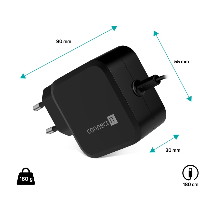 CONNECT IT CNP-1660-BK - Univerzalni USB-C adapter za napajanje laptopova 67W