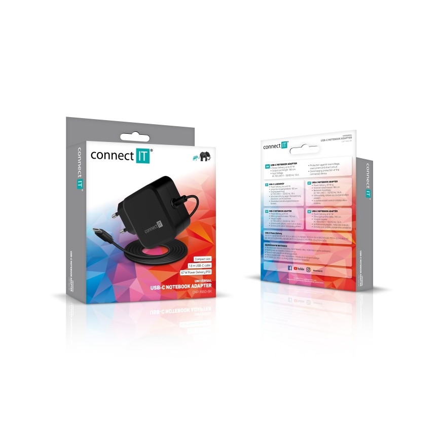 CONNECT IT CNP-1660-BK - Univerzalni USB-C adapter za napajanje laptopova 67W