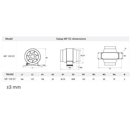 Dalap 24MF100 - Kanalski ventilator sa energetski efikasnim motorom i regulatorom brzine MF 100 EC 18W/230V