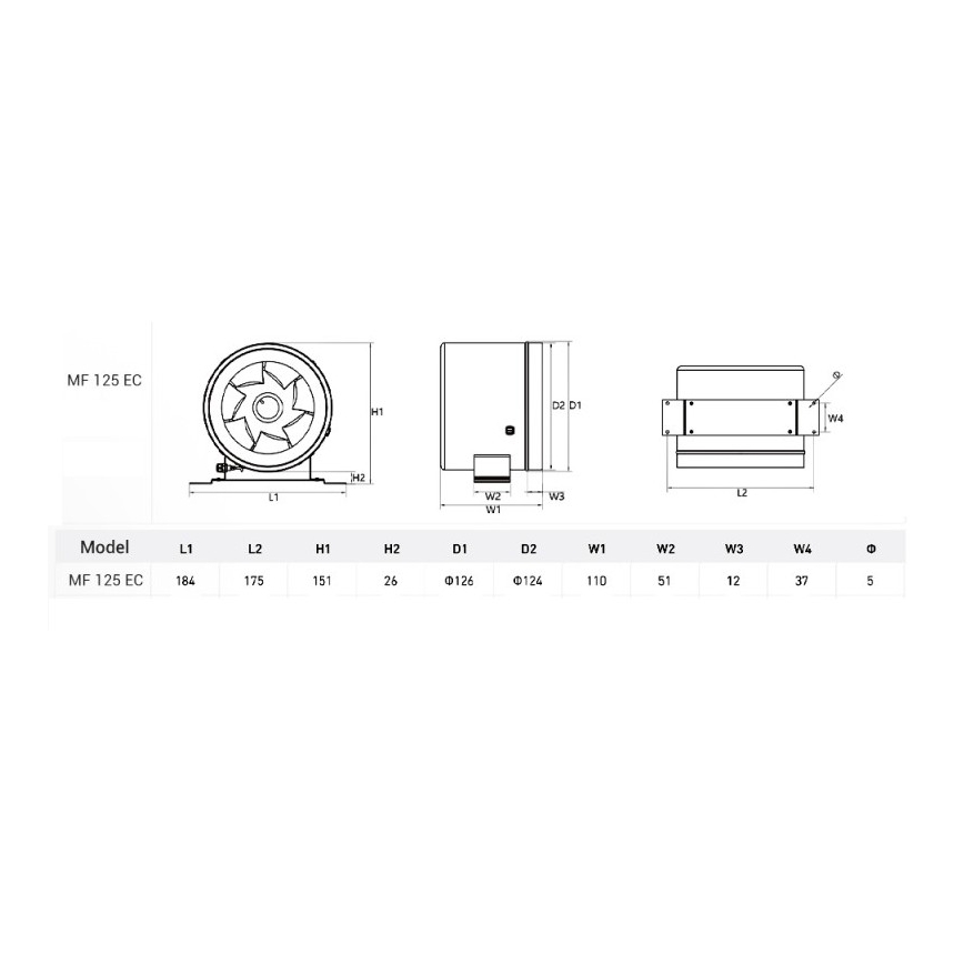 Dalap 24MF125 - Kanalski ventilator sa štedljivim motorom i prigušivačem brzine MF 125 EC 20W/230V