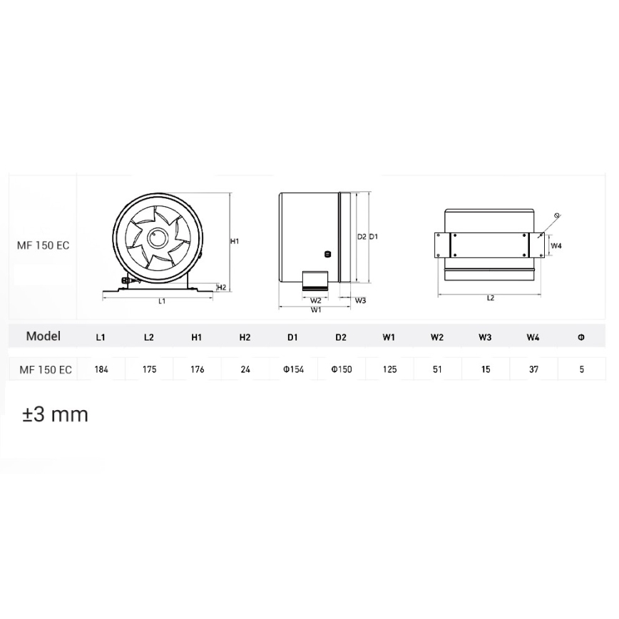 Dalap 24MF150 - Kanalni ventilator sa štedljivim motorom i prigušiva MF 150 EC 40W/230V