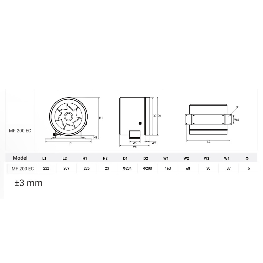 Dalap 24MF200 - Kanalni ventilator sa energetski efikasnim motorom i regulatorom obrtaja MF 200 EC 75W/230V