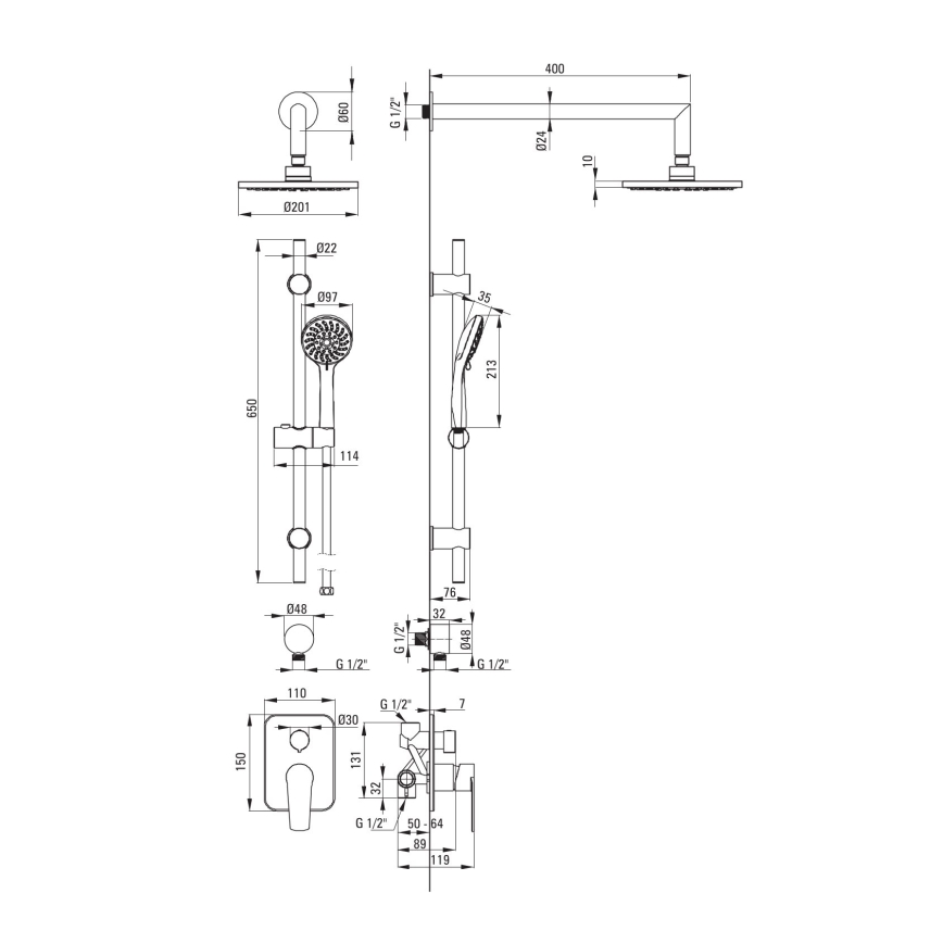 Deante NAC_09GA - Tuš set sa podžbuknom baterijom ALPINIA, sjajni hrom