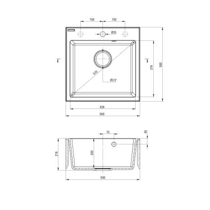 Deante ZQJNN103 - Kuhinjski sudoper EVORA 50x50 cm + slavina sa fleksibilnim izlivom granit/crna