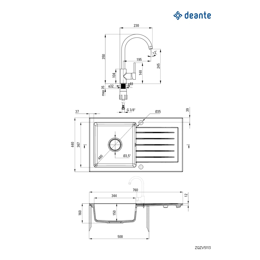 Deante ZQZVA113 - Kuhinjski sudoper ZORBA 76x44 cm + slavina za sudoper granit/alabaster