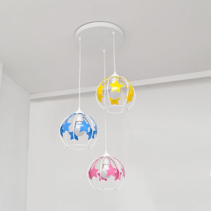 Dečiji luster na sajli STARS 3xE27/15W/230V plava/ružičasta/žuta
