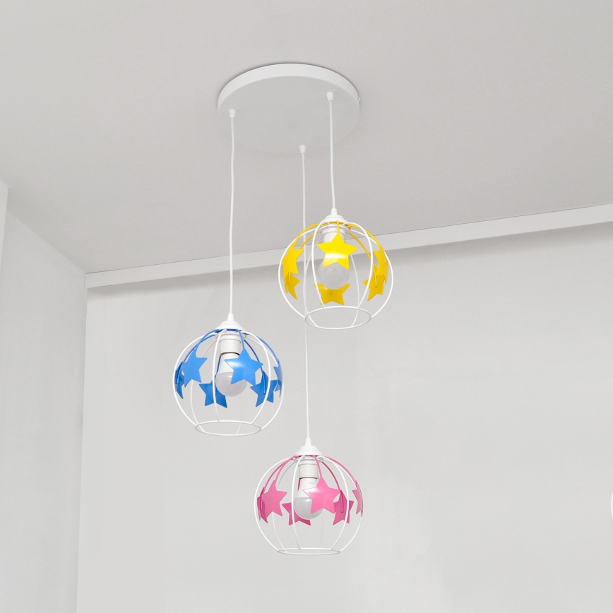 Dečiji luster na sajli STARS 3xE27/15W/230V plava/ružičasta/žuta