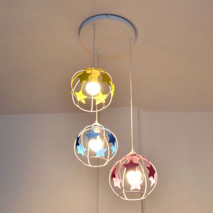 Dečiji luster na sajli STARS 3xE27/15W/230V plava/ružičasta/žuta