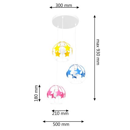 Dečiji luster na sajli STARS 3xE27/15W/230V plava/ružičasta/žuta