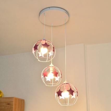Dečiji luster na sajli STARS 3xE27/15W/230V ružičasta/bela