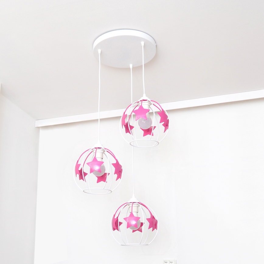 Dečiji luster na sajli STARS 3xE27/15W/230V ružičasta/bela