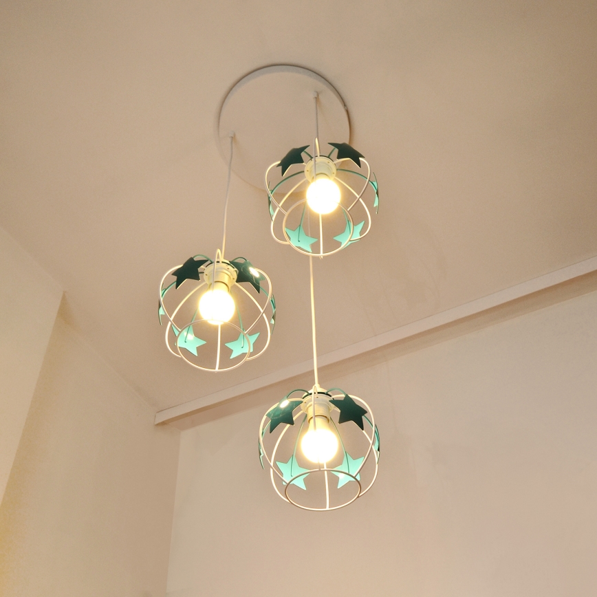 Dečiji viseći luster STARS na sajli, 3x E27/15W/230V, tirkizno/belo