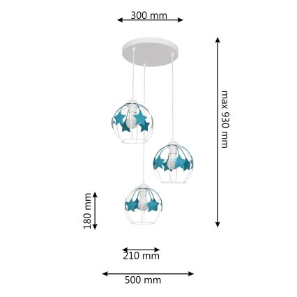 Dečiji viseći luster STARS na sajli, 3x E27/15W/230V, tirkizno/belo