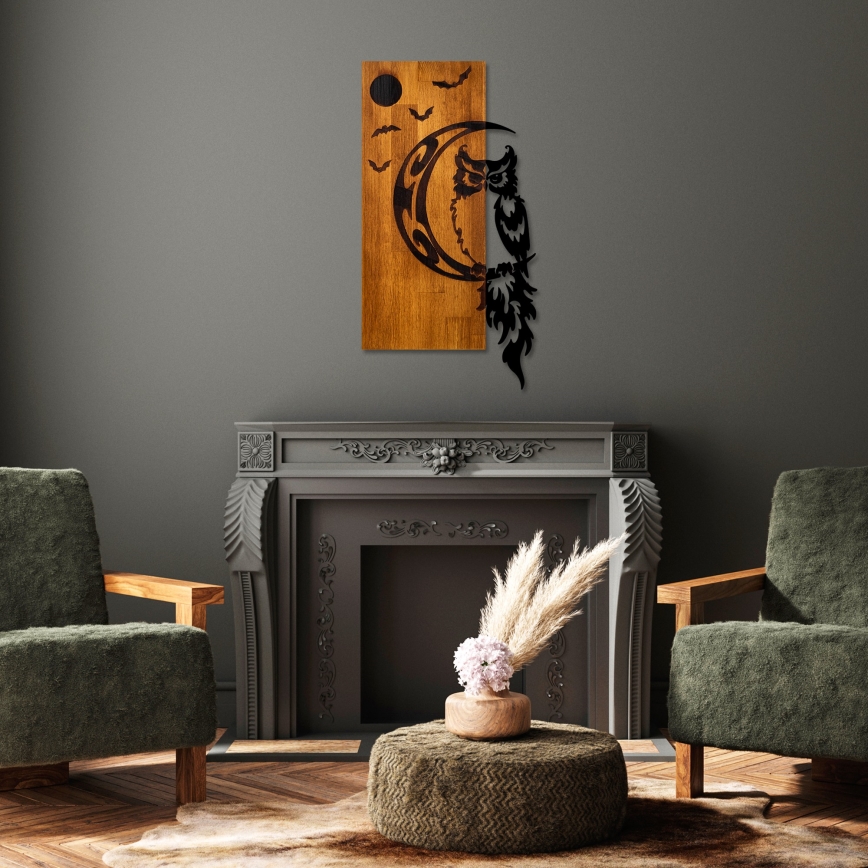 Dekoracija za zid 36x66 cm, sova, drvo/metal