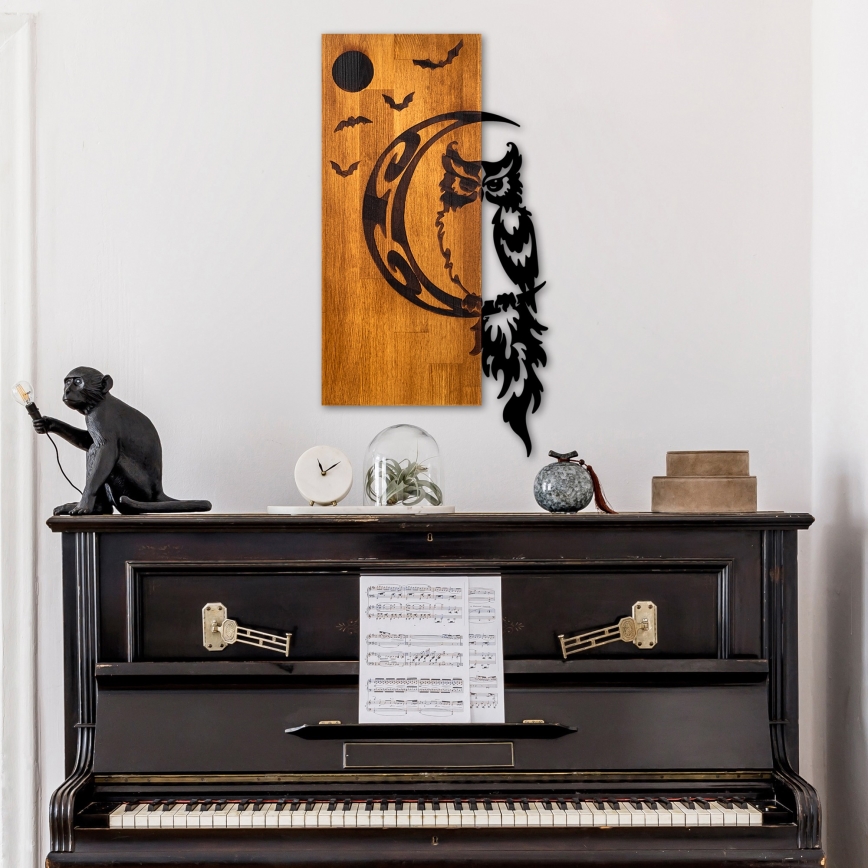 Dekoracija za zid 36x66 cm, sova, drvo/metal