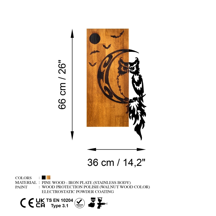 Dekoracija za zid 36x66 cm, sova, drvo/metal