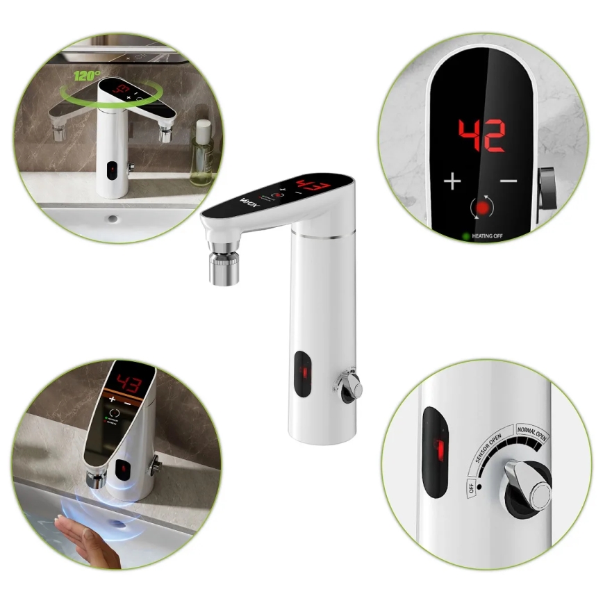 Dodirni protočni grejač vode sa senzorom i LED displejem, 3000 W/230 V, IPX4, bela