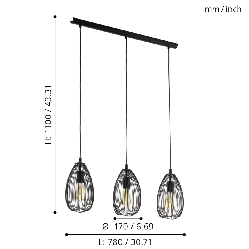Eglo 49142 - Viseći luster CLEVEDON na sajli 3xE27/60W/230V