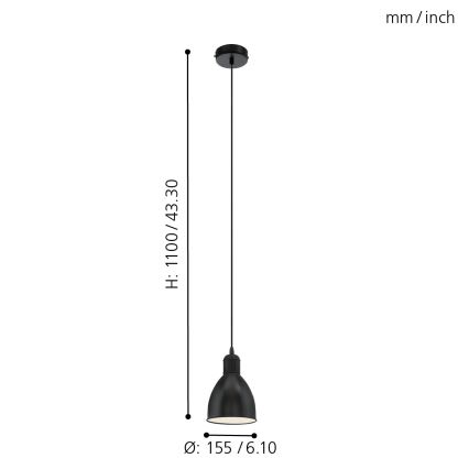 Eglo 55243 - Luster na sajli PRIDDY 1xE27/60W/230V crna
