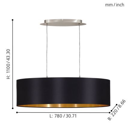 Eglo 55266 - Luster na sajli MASERLO 2xE27/60W/230V crna