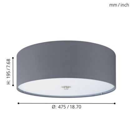 Eglo 55277 - Plafonsko svetlo PASTERI 3xE27/25W/230V prečnik 47,5 cm siva