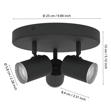 Eglo - Kupatilsko spot svetlo 3x GU10/5W/230V, prečnik 25 cm, IP44, crno