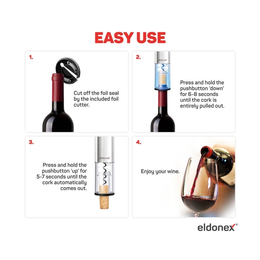 ELDONEX EWO-2200-SL - Električni otvarač za vino 4xAA mat hrom